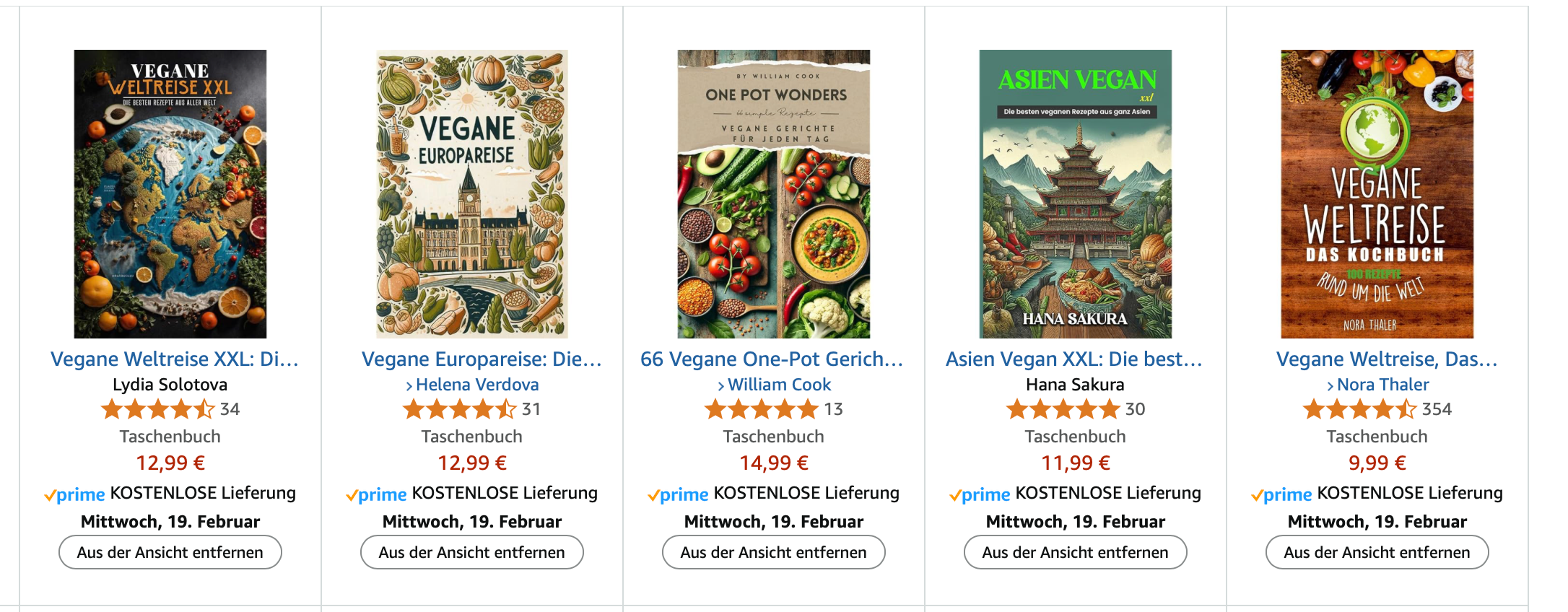 Screenshot von fünf Kochbüchern auf Amazon, die Titel wie "Vegane Weltreise XXL" tragen.