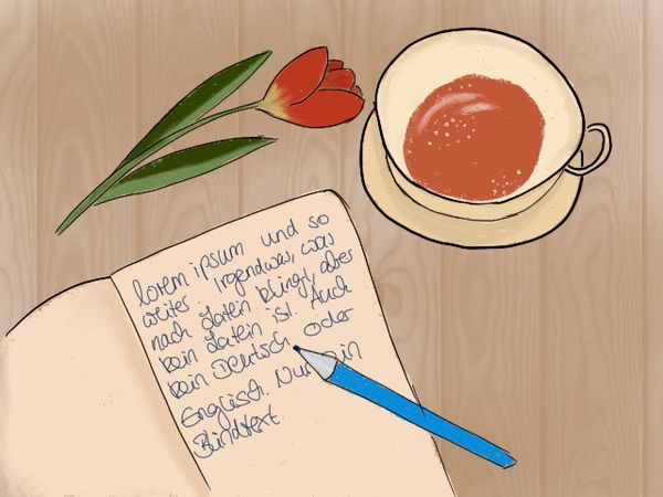 digitale Zeichnung. Tasse mit Tee neben einem Notizbuch und Stift. Dadrüber liegt eine rote Tulpe